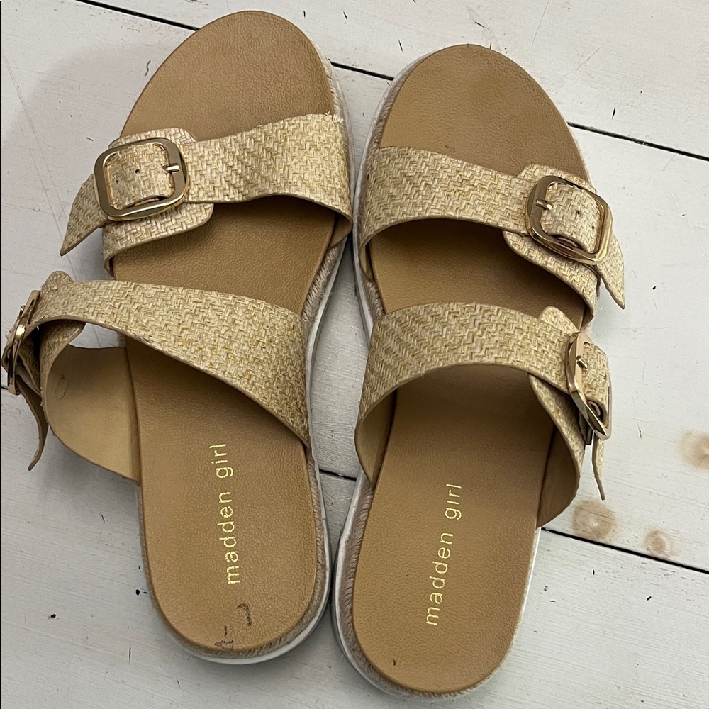 Madden Girl Tan woven Double-Strap Sandals with Buckle Closures